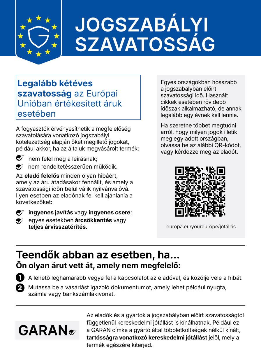 A harmonizált értesítés összefoglalja a fogyasztók számára a megfelelőség szavatolására vonatkozó jogszabályi kötelezettség fő elemeit